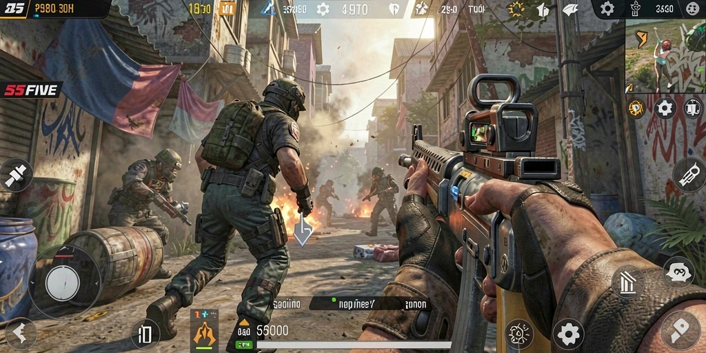 Tangkapan layar gameplay 55FIVE yang menampilkan aksi menembak mendebarkan.