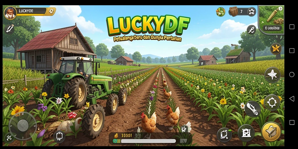 Tampilan gameplay LUCKYDF menampilkan ladang yang hijau dan subur.