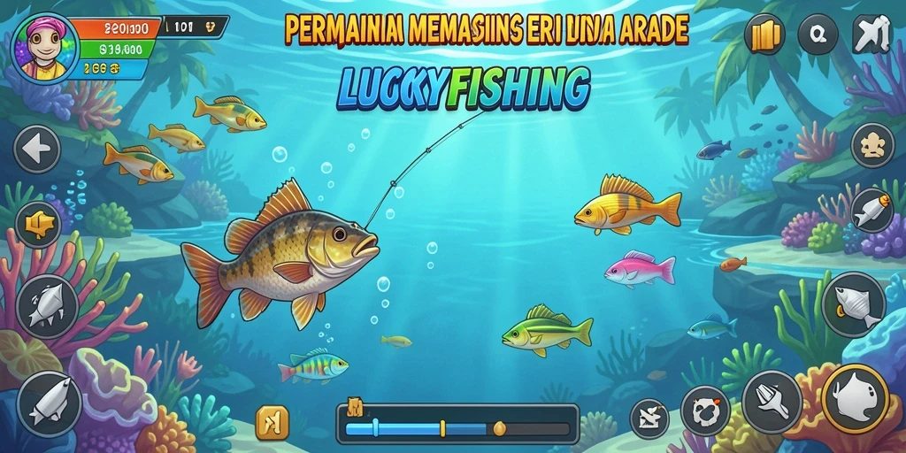 Tangkapan layar LUCKYFISHING menampilkan momen seru dalam gameplay Arcade.