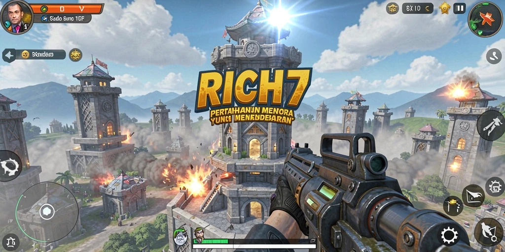 Tangkapan layar menunjukkan aksi menara dalam RICH7 melawan gelombang musuh.