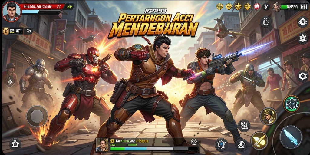 Screenshot gameplay RP99 menampilkan pertarungan yang intens dan karakter unik.