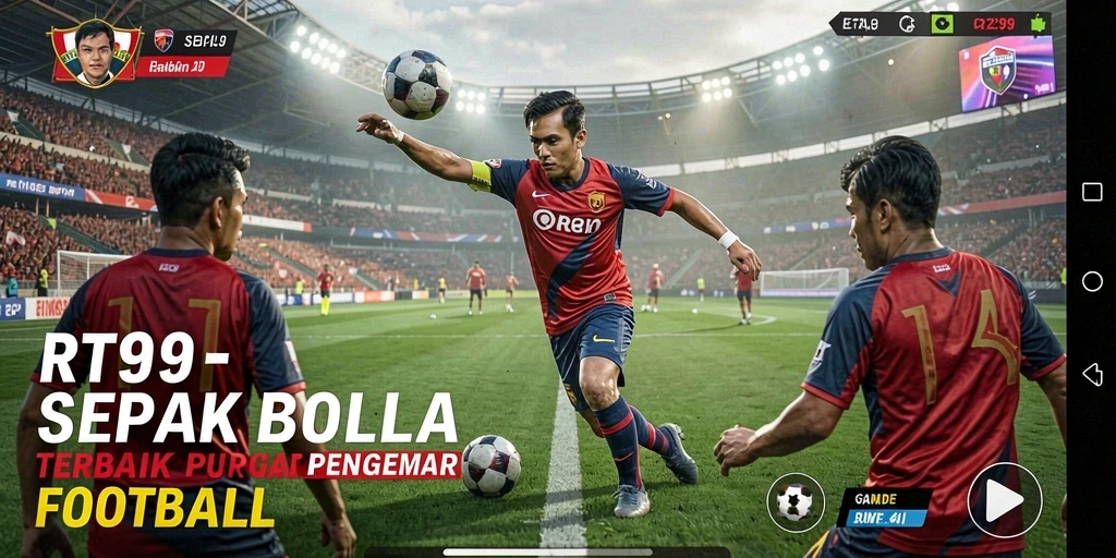 Tampilan utama RT99 yang menampilkan aksi sepak bola yang mendebarkan.